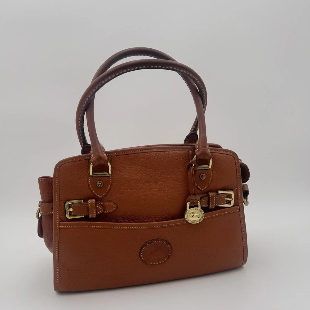 Dooney & Bourke Brown Pebbled Satchel Top Handle Bag Gold Hardware Zip Strap